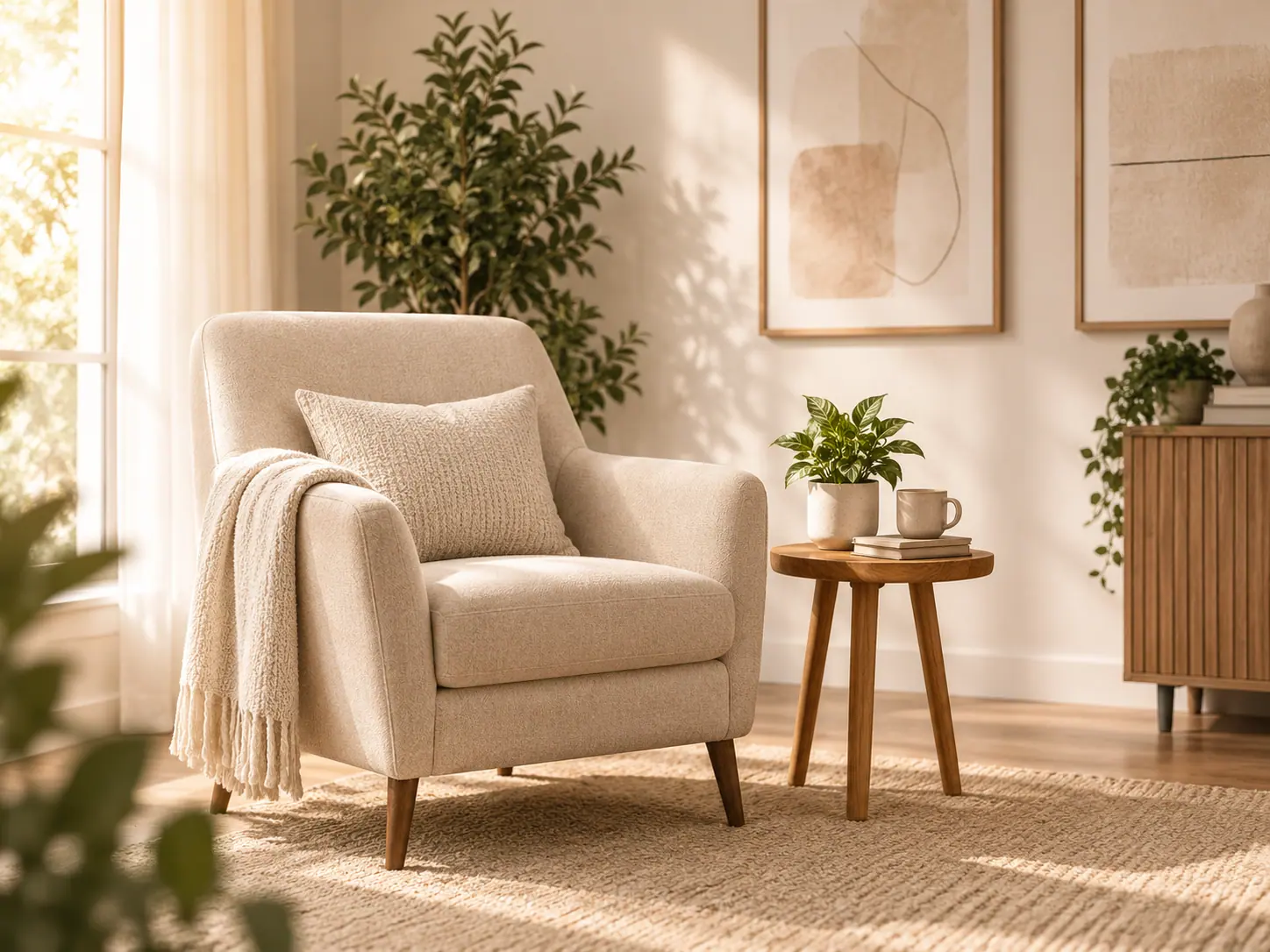 Poltrona clara e mesa de apoio em um ambiente tranquilo, com plantas e luz natural